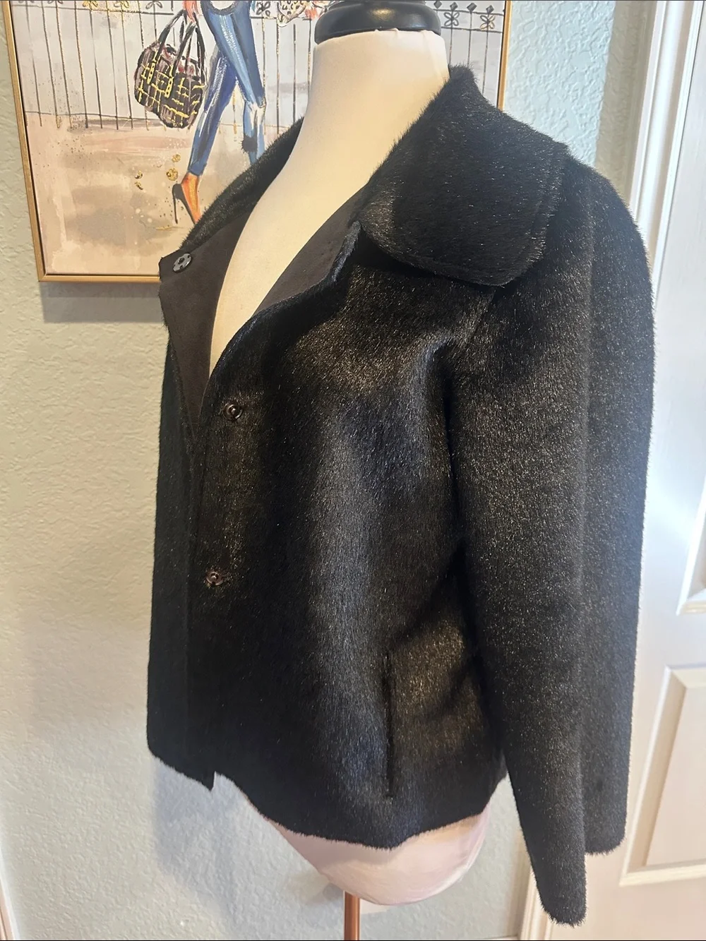 Bisou Bisou Sz Medium Black Textured Faux Fur/Suede Pea Coat • NEW! - Picture 4 of 11
